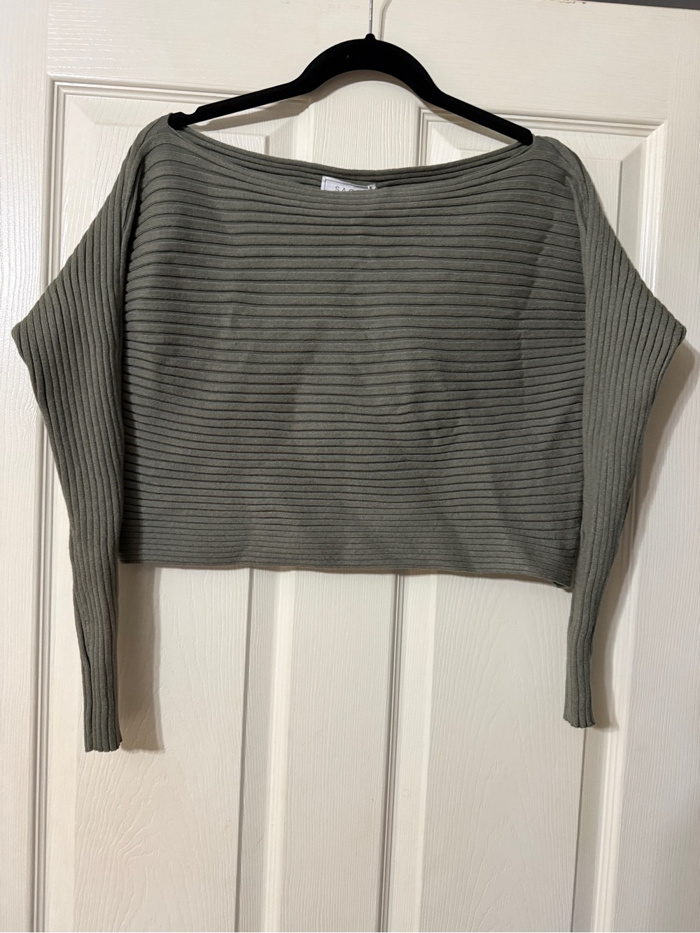 Sage Ribbed Boatneck Cropped Sweater Top in Olive Green